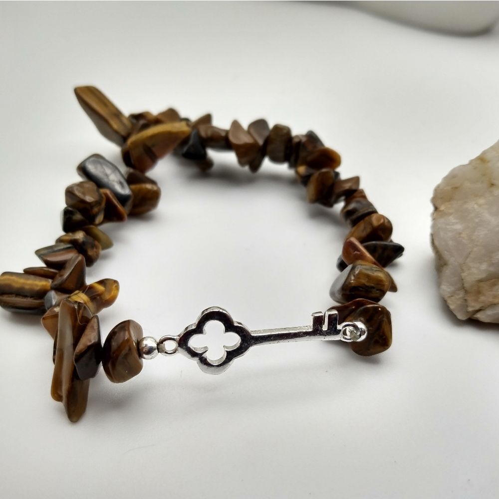 Tigers eye chip sterling silver key bracelet nature minimalist B0729‎